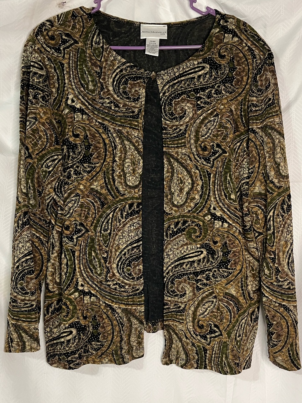 Anna Maxwell  Olive, Black & Tan Paisley Metallic-Accent open front Cardigan